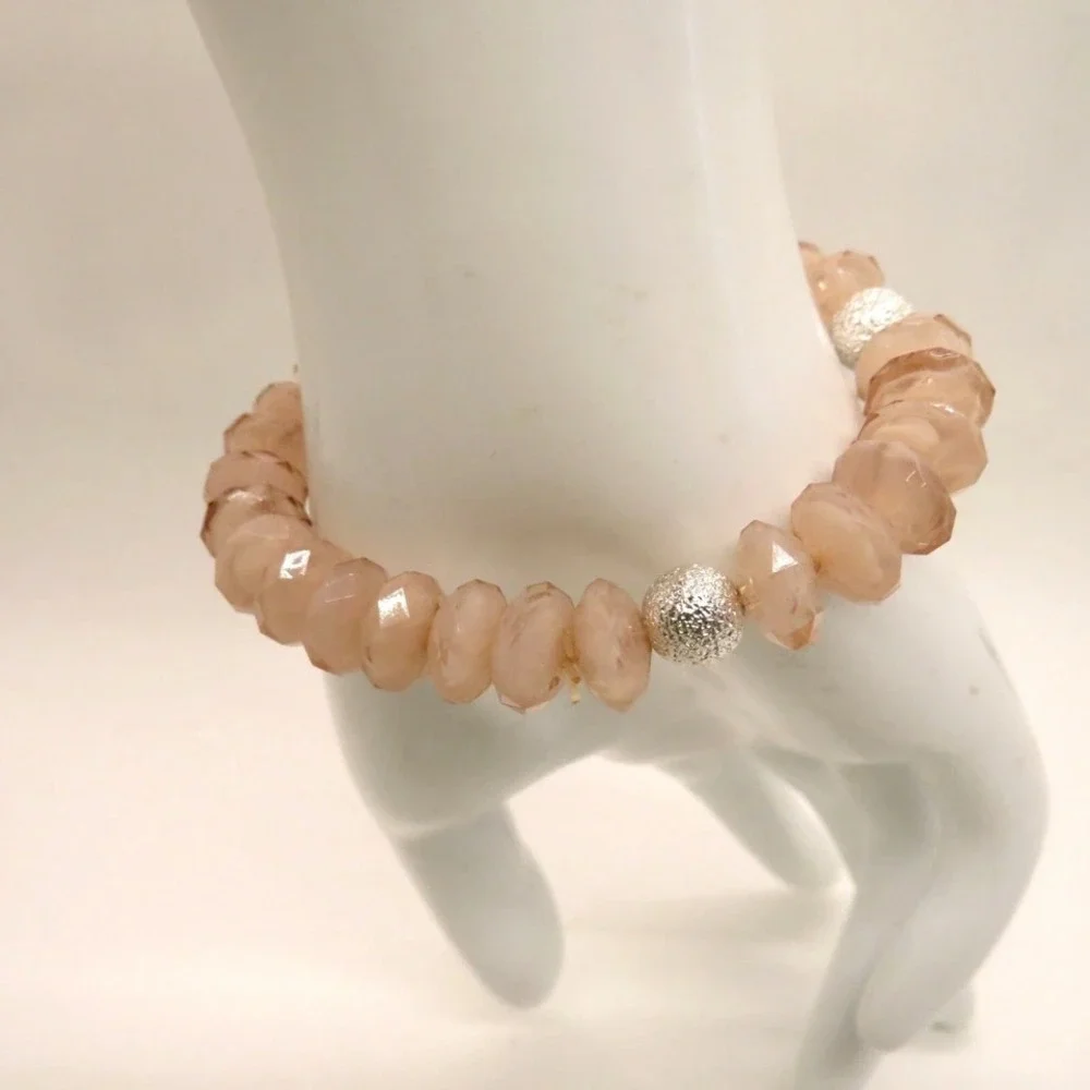 Beaded Stretch Bracelet‎ Faceted Light Pink Peach Silver Tone Beads